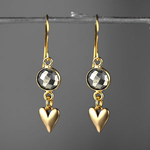 Small Brass Cast Hearts w/ Round Semi Precious Earrings: Strawberry Quartz