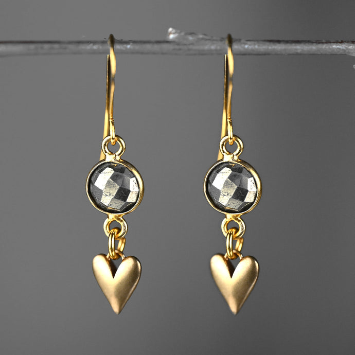 Small Brass Cast Hearts w/ Round Semi Precious Earrings: Strawberry Quartz