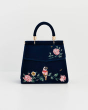 Load image into Gallery viewer, Rosy Posy Embroidered Blue Mini Top Handle Tote

