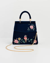 Load image into Gallery viewer, Rosy Posy Embroidered Blue Mini Top Handle Tote
