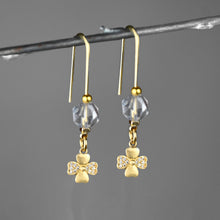 Load image into Gallery viewer, Citrine Gemstone Long Wire Earrings w/ Four Leaf  Clover &amp; Crystals St.Patrick's Day
