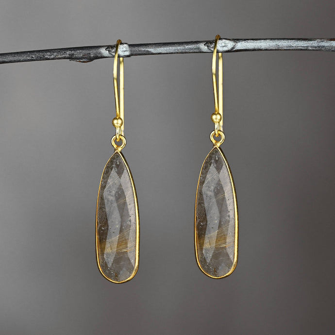 Large Semi Precious Elongated Tear Drop Earrings: Golden Rutile