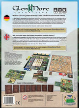 Load image into Gallery viewer, Back cover of a board game packaging for 'Glen More Chronicles' with text and images of the game components.
