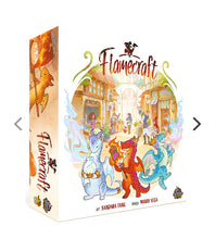 Load image into Gallery viewer, Board game box for 'Flamecraft' with colorful illustrations of dragons and a town scene.

