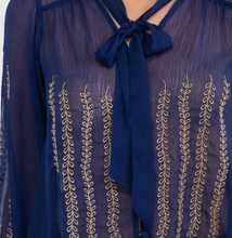 Load image into Gallery viewer, Sheer Blue Long Sleeve Blouse with Tie
