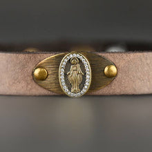 Load image into Gallery viewer, Virgin Mary Leather Stacker Cuff w/ Delicate Crystals: Vintage Cream
