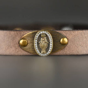 Virgin Mary Leather Stacker Cuff w/ Delicate Crystals: Vintage Cream