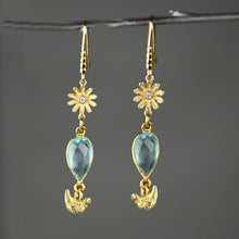 Load image into Gallery viewer, Whimsical Flowers &amp; Birds &amp; Gemstone Earrings: Aqua (Hydro Quartz Glass)
