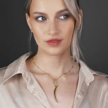 Load image into Gallery viewer, Brass Cast Moon Sliver w/ Faceted Crystal Quartz Necklace: 25&quot;
