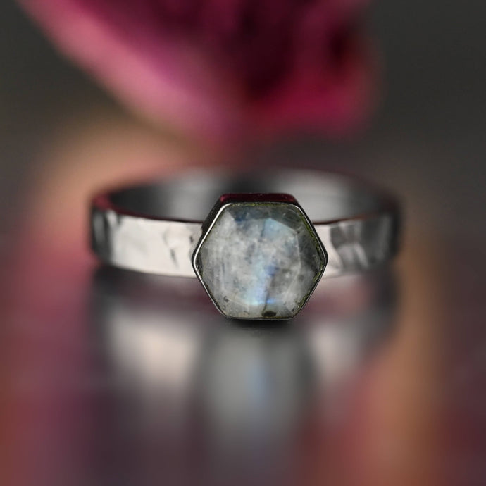 Ring w/ Labradorite Hexagon on a Hammered Band  (Gunmetal): Darker Darker Labradorite- Lower Cost / 7