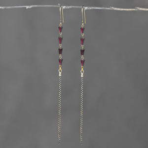 Sleek Semi Precious Long 4 Garnet Black Gold Tassel Earrings