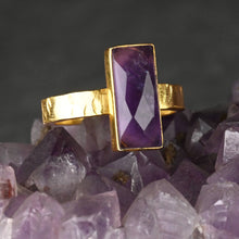 Load image into Gallery viewer, Amethyst  Rectangle Ring on a Hand Hammered Golden Band: 6
