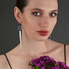 Load image into Gallery viewer, Caged Semi Precious Circle Shimmer Tassel Earrings (Gunmetal: Pyrite
