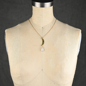 Hammered Brass Crescent Moon & Golden Rutile Tear Drop Neckl: 16 + Extender / Amethyst