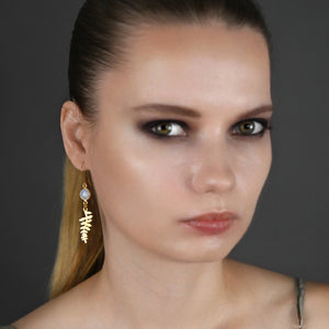 Fern Leaf Drop w/ Round Semi Precious Earrings: Turquoise (Howlite)