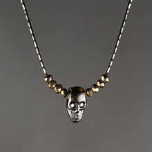 Load image into Gallery viewer, Hematite Skull w/ Gold Crystals &amp; Crystal Eyes Necklace: 16 + Extender / Gold
