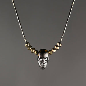 Hematite Skull w/ Gold Crystals & Crystal Eyes Necklace: 16 + Extender / Gold