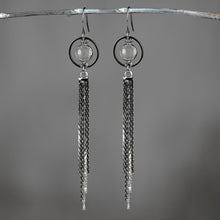 Load image into Gallery viewer, Caged Semi Precious Circle Shimmer Tassel Earrings (Gunmetal: Amethyst

