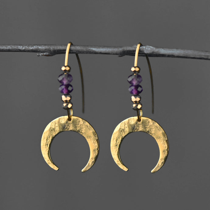 Brass Hammered Crescent Moon w/ Semi Precious Earrings: Iolite