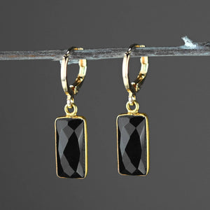 Golden Huggie with Rectangle Semi Precious Earrings: Strawberry Quartz