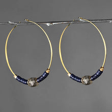 Load image into Gallery viewer, 50mm Gold Plated Hoops w/ Blue Goldstone &amp; Smoky Q Earrings
