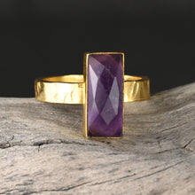 Load image into Gallery viewer, Amethyst  Rectangle Ring on a Hand Hammered Golden Band: 6
