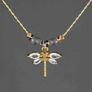 Small Dragonfly w/ Semi Precious Gemstones Necklace : 16 + Extender / Iolite