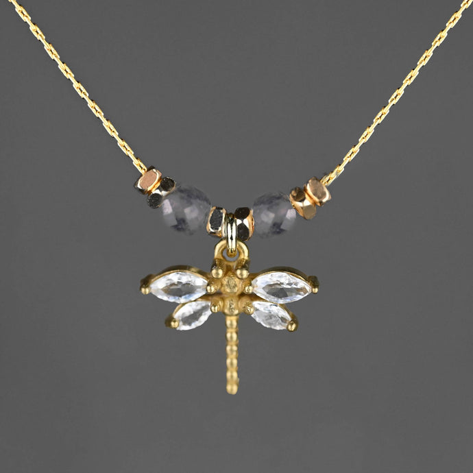 Small Dragonfly w/ Semi Precious Gemstones Necklace : 16 + Extender / Iolite