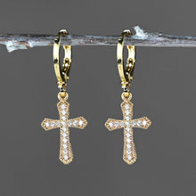 Load image into Gallery viewer, Golden Huggie Pave Crystal Cross Earrings
