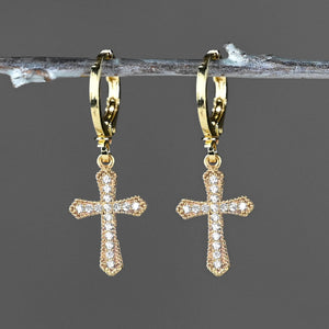 Golden Huggie Pave Crystal Cross Earrings