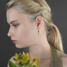 Load image into Gallery viewer, Brass Hammered Crescent Moon w/ Semi Precious Earrings: Iolite
