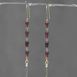Sleek Semi Precious Long 4 Garnet Black Gold Tassel Earrings