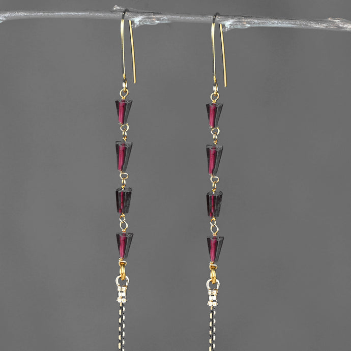 Sleek Semi Precious Long 4 Garnet Black Gold Tassel Earrings