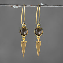 Load image into Gallery viewer, Simple Semi Precious Brass Triangle Drop Earrings: Smoky Quartz
