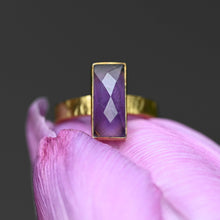 Load image into Gallery viewer, Amethyst  Rectangle Ring on a Hand Hammered Golden Band: 6
