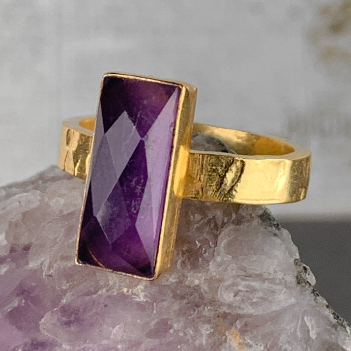Amethyst  Rectangle Ring on a Hand Hammered Golden Band: 6