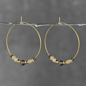 50mm Brass Hoops w/ Semi Precious Cube and Star Cut Earrings: Aquamarine Cube - Smoky Q Star