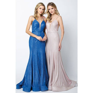 LOW V NECK FITTED GLITTER PROM DRESS: ROSE GOLD / SILVER