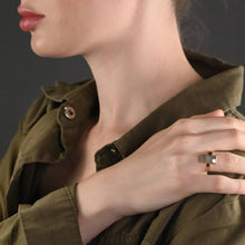 Load image into Gallery viewer, Pyrite Rectangle   Ring on a Hand Hammered Gold Band: 7
