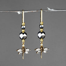 Load image into Gallery viewer, Vintage Deco Dragonflies w/ Gemstone Long Wire Earrings: Hematite &amp; Amethyst Star Cut
