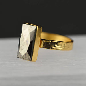 Pyrite Rectangle   Ring on a Hand Hammered Gold Band: 7
