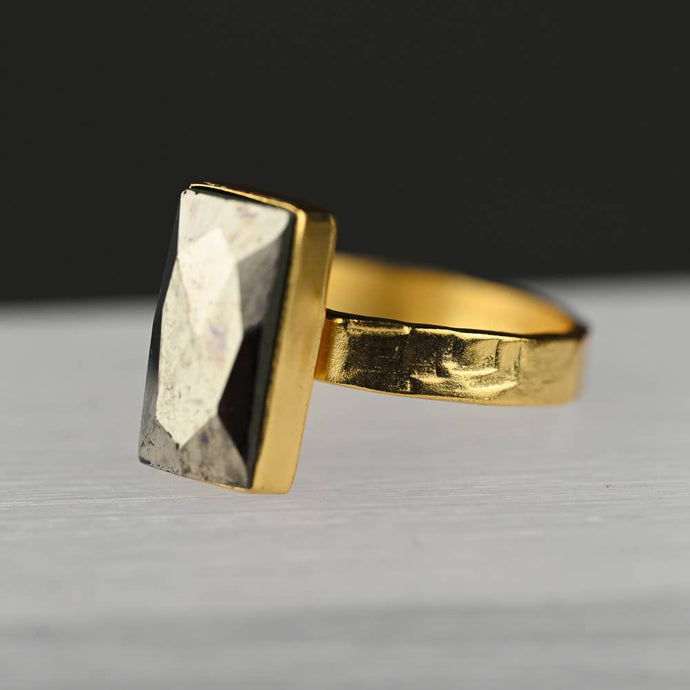 Pyrite Rectangle   Ring on a Hand Hammered Gold Band: 7