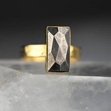 Load image into Gallery viewer, Pyrite Rectangle   Ring on a Hand Hammered Gold Band: 7
