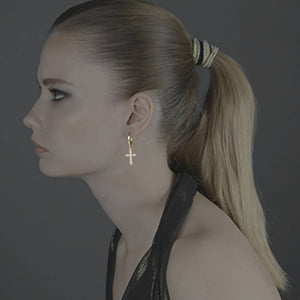 Golden Huggie Pave Crystal Cross Earrings