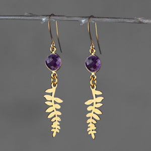 Fern Leaf Drop w/ Round Semi Precious Earrings: Turquoise (Howlite)