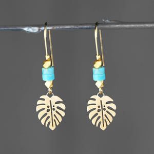 Brass Leaf w/ Beaded Semi Precious Heishi Top Earrings: Black Labradorite