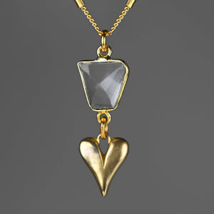Brass Sculptured Heart w/ Crystal Quartz Necklace
