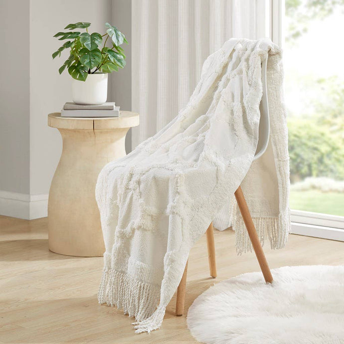 Fringed Tufted Throw Blanket, Moroccan Geometric, White