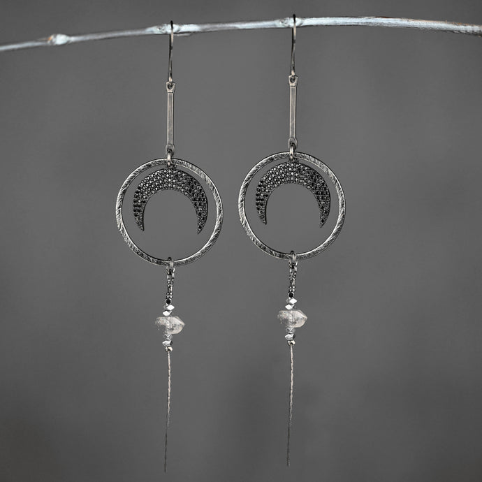 Deco Micro Pave Moons w/ Herkimer Diamond Earrings (Gunmetal