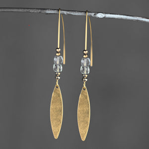 Hammered Brass Marquise Long Wire & Fluorite Earrings